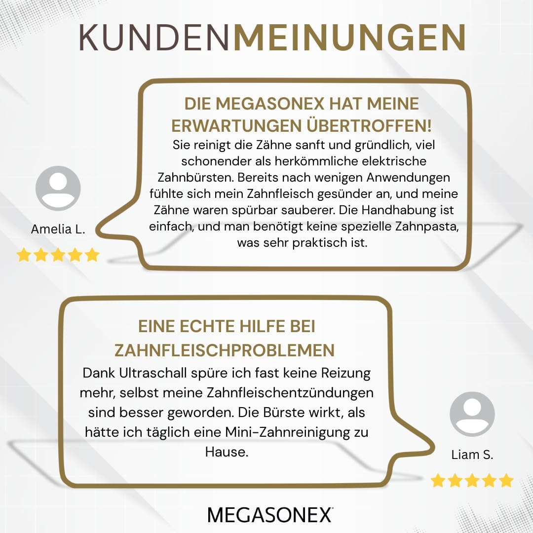 2026 MEGASONEX Ultraschall-Zahnbürste M8 Set - Mit 2 Vibrations-Stufen - zusätzlich inkl. 2x Bürstenköpfe Soft Weiß