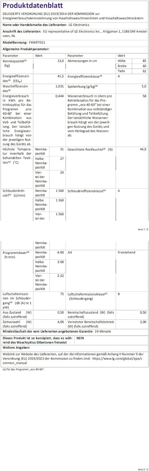 2026 LG F4WV7080, Klasse A, Frontlader-Waschmaschine 8 kg, 1400 U/Min, AI Direct Drive, Wi-Fi, Tiefenreinigung mit Dampf, Groe Kapazitt, TRIPLE A, Auentür aus Sicherheitsglas, 62 x 60 x 85 cm Wei