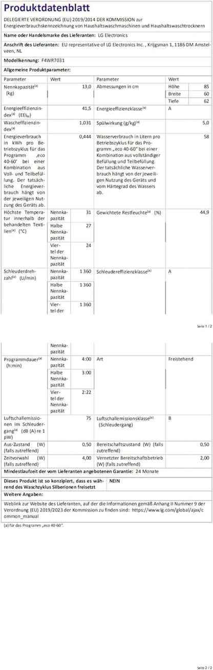 2026 LG F4WV7080, Klasse A, Frontlader-Waschmaschine 8 kg, 1400 U/Min, AI Direct Drive, Wi-Fi, Tiefenreinigung mit Dampf, Groe Kapazitt, TRIPLE A, Auentür aus Sicherheitsglas, 62 x 60 x 85 cm Wei