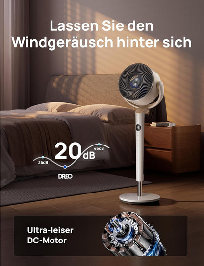 2026 Dreo Smart Standventilator mit RGB Light, 120° +120° Oszillierender Ventilator mit Fernbedienung, 20dB Leiser Bodenventilator für Schlafzimmer, 8H Timer, Silber