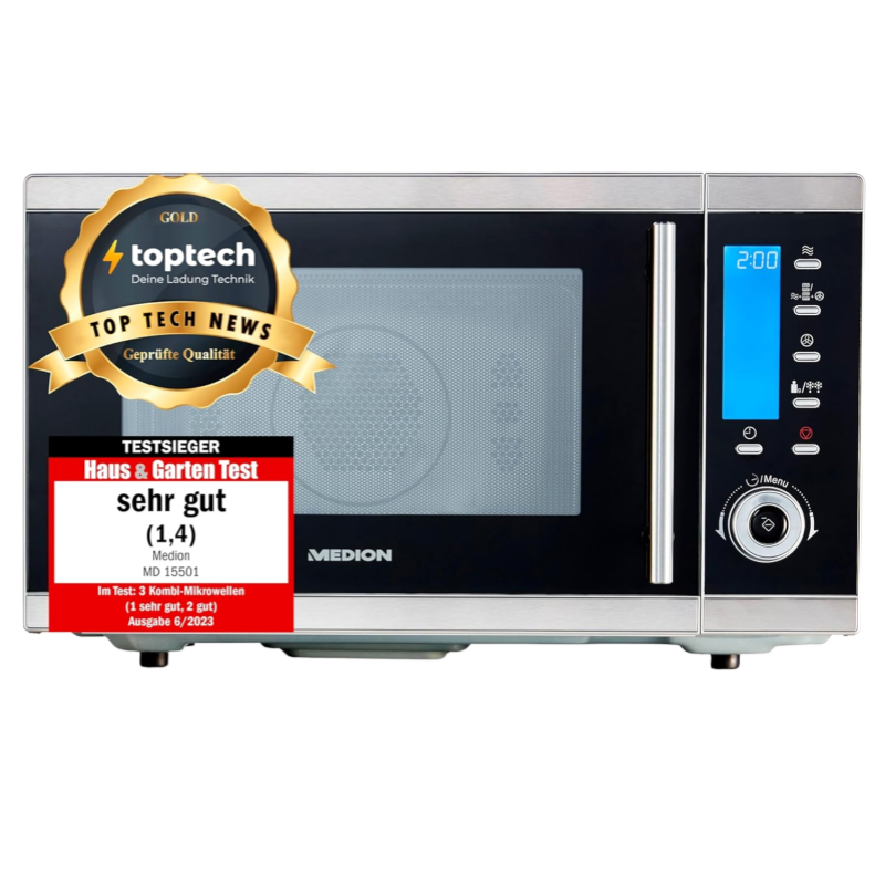 2026 MEDION MD 15501 4 in 1 Mikrowelle mit Grill (25 Liter, 900 Watt, 1100 Watt Grill, 2500 Watt Heißluft, 10 Automatik-Programme) silber