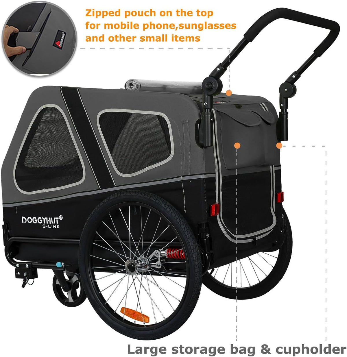 2026 Doggyhut S-Line XL Hundeanhänger & Hundebuggy mit Federung 2 in 1 Hunde Fahrradanhänger Jogger gefedert bis 45 kg