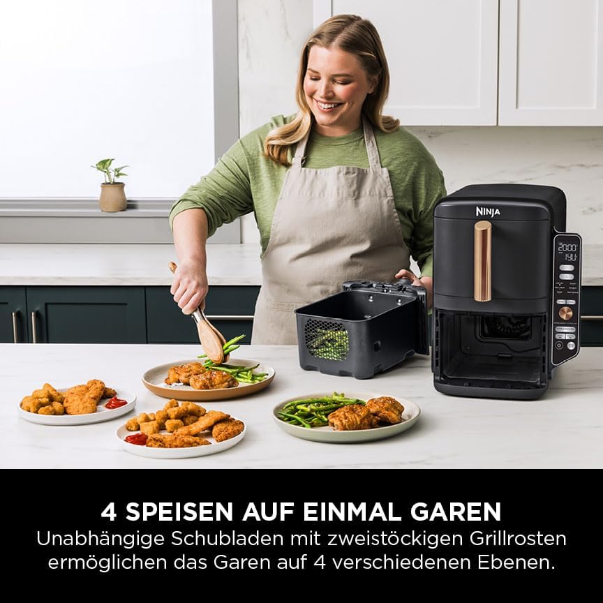 2026 Ninja Double Stack XL Heißluftfritteuse, 2 vertikale Schubladen, 4 Kochstufen, 2 Einschübe, platzsparendes Design, 9,5 L Fassungsvermögen, 6 Funktionen, 8 Portionen, Zange, Schwarz/Kupfer SL400EUCP