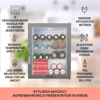 2026 Klarstein Mini Kühlschrank mit Glastür für Zimmer, Getrnkekühlschrank mit Verstellbaren Ablagen, Kleiner 80 Liter, Indoor/Outdoor Kühlschrank Leise