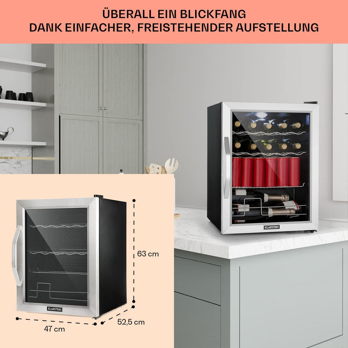 2026 Klarstein Mini Kühlschrank mit Glastür für Zimmer, Getrnkekühlschrank mit Verstellbaren Ablagen, Kleiner 80 Liter, Indoor/Outdoor Kühlschrank Leise
