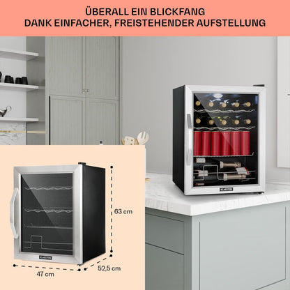 2026 Klarstein Mini Kühlschrank mit Glastür für Zimmer, Getrnkekühlschrank mit Verstellbaren Ablagen, Kleiner 80 Liter, Indoor/Outdoor Kühlschrank Leise
