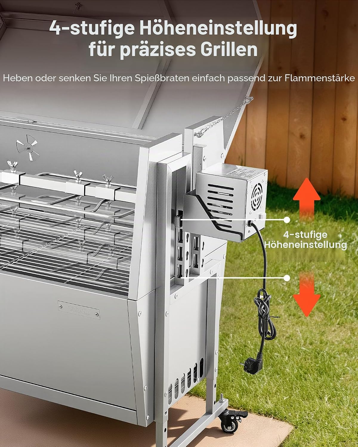 2026 VEVOR Drehspießgrill 38 W Spanferkelgrill Lammgrill Holzkohlegrill (132 cm Grilllänge) mit 60 kg Tragkraft & Rädern & 4-facher Höhenverstellung & Deckel, Edelstahl-Elektrogrill-Set für Camping