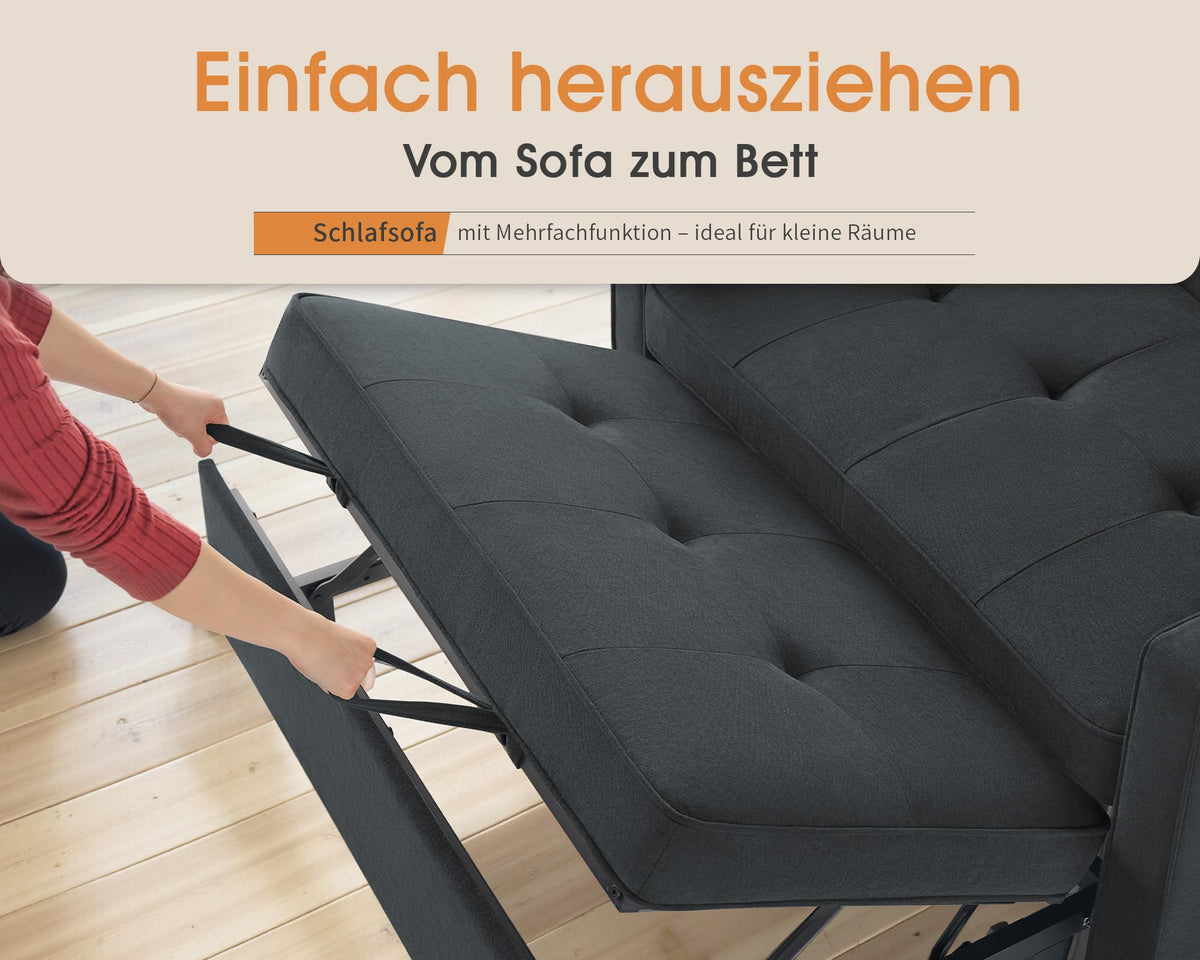 2026 3 in 1 Schlafsofa 186 x 122 cm, Grau, verstellbare Rückenlehne, 12 cm Komfortpolster, Massivholz Metallrahmen