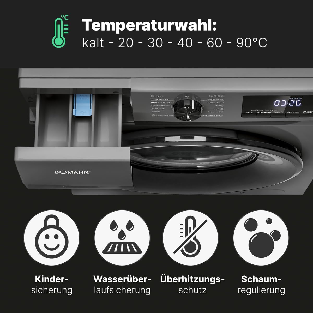 2026 Bomann Waschmaschine 7kg | max. 1400 U/min | 10 Jahre Motor-Garantie | effizienter, leiser & langlebiger Invertermotor | 15 Programme | Endzeitvorwahl | LED-Display | Washing Machine | WA 7175 wei