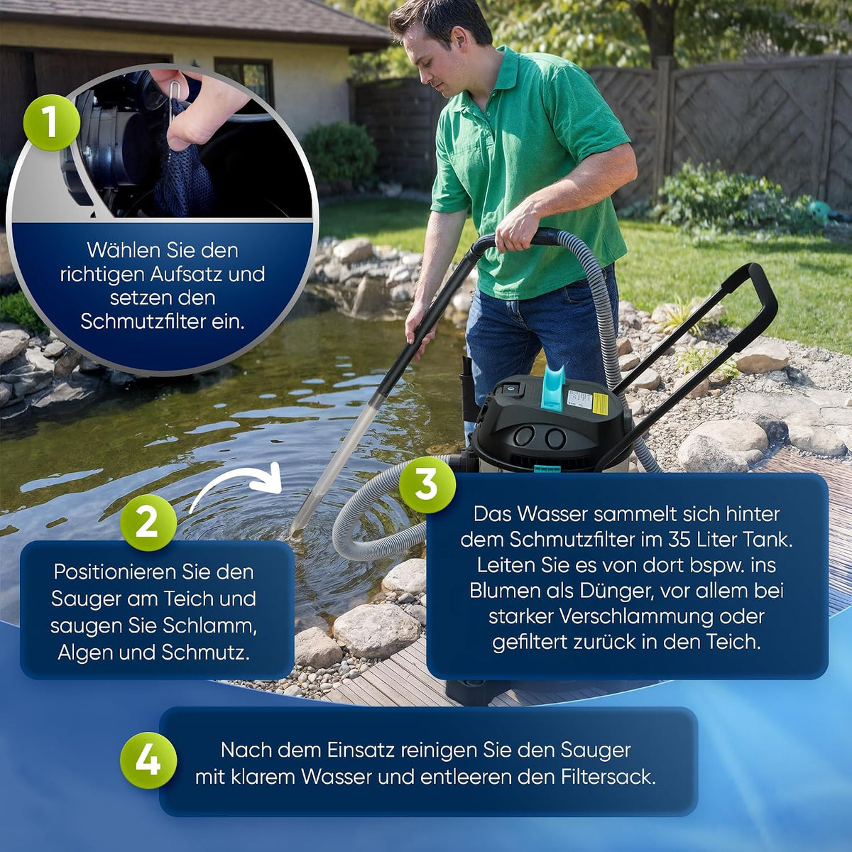 2026 TEICHER Teichsauger Schlammsauger Groß [Neues Modell] – 1200 Watt Pumpsauger 35 Liter | Teichschlammsauger mit Wasserrückführung | Algensauger Mulmsauger Wassersauger mit Pumpe