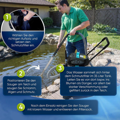 2026 TEICHER Teichsauger Schlammsauger Groß [Neues Modell] – 1200 Watt Pumpsauger 35 Liter | Teichschlammsauger mit Wasserrückführung | Algensauger Mulmsauger Wassersauger mit Pumpe