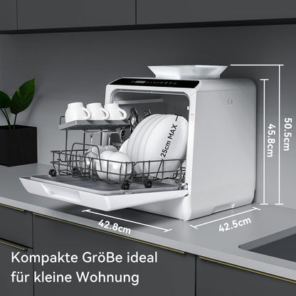 2026 Hermitlux Mini Geschirrspüler, Spülmaschine für 4 Bestecksätze, 5 Liter Wassertank, 6 Programme Mini Tischgeschirrspüler, Perfekt für Wohnungen, Schlafsäle, Camping, Weiß