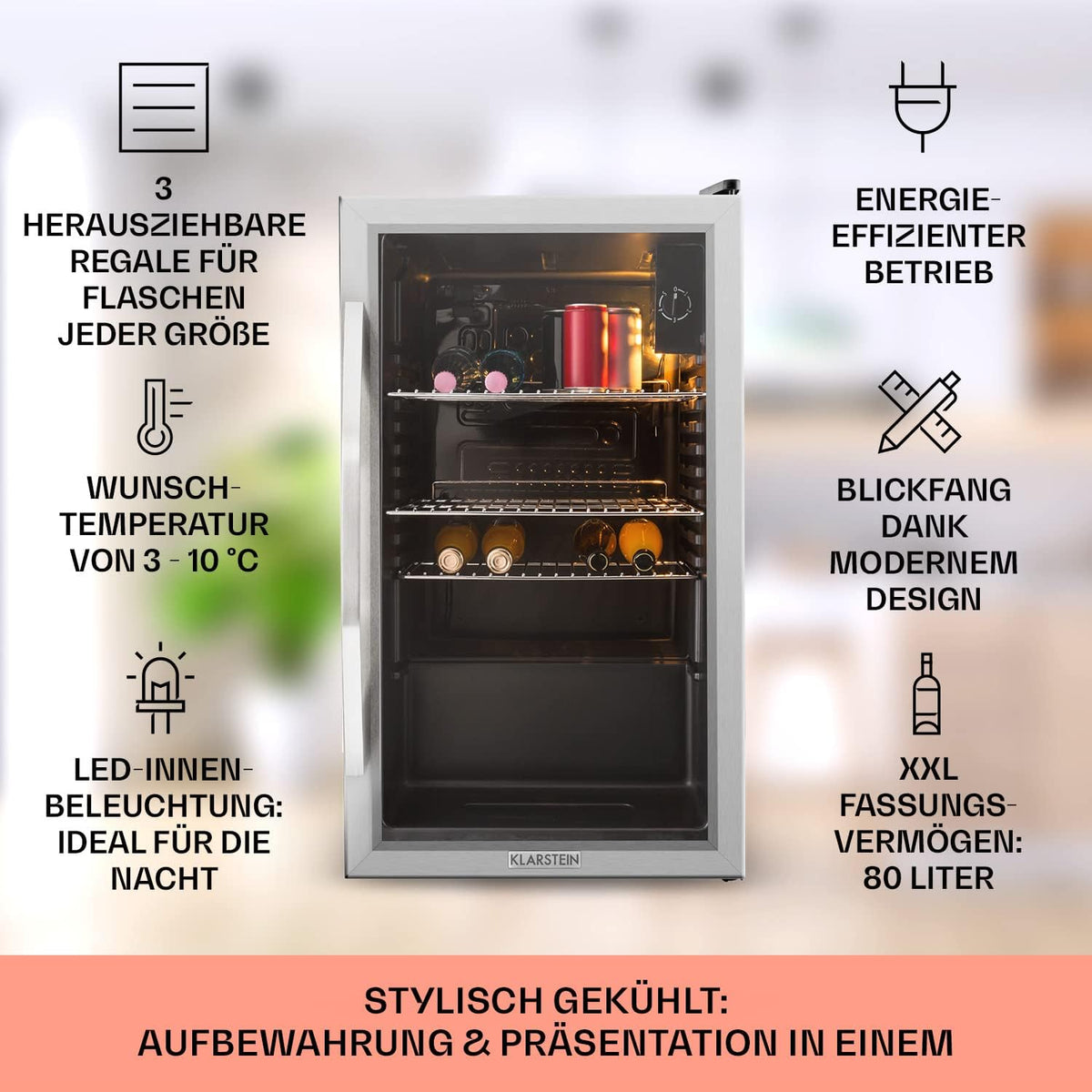2026 Klarstein Mini Kühlschrank mit Glastür für Zimmer, Getrnkekühlschrank mit Verstellbaren Ablagen, Kleiner 80 Liter, Indoor/Outdoor Kühlschrank Leise
