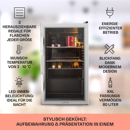 2026 Klarstein Mini Kühlschrank mit Glastür für Zimmer, Getrnkekühlschrank mit Verstellbaren Ablagen, Kleiner 80 Liter, Indoor/Outdoor Kühlschrank Leise