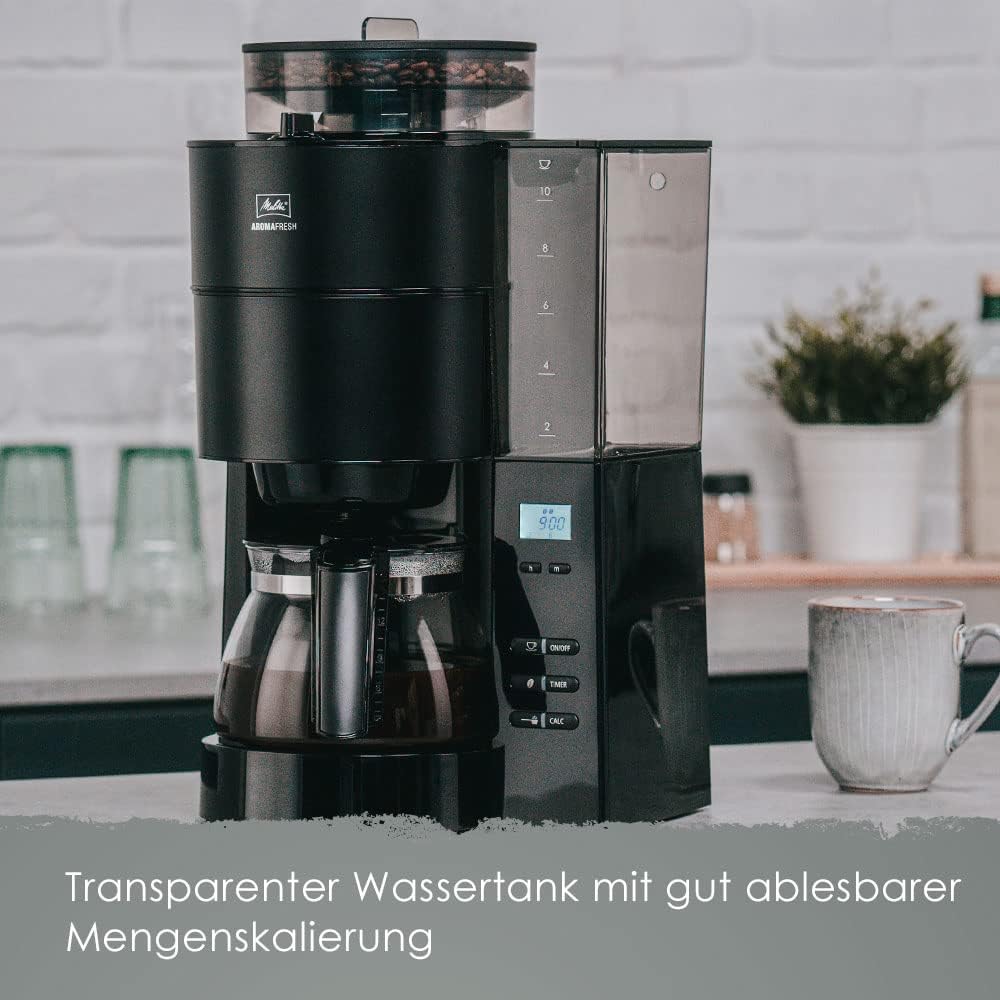 2026 Melitta AromaFresh - Filterkaffeemaschine - mit Glaskanne - integriertes Mahlwerk - Timer Funktion - 10 Tassen - Pure Black