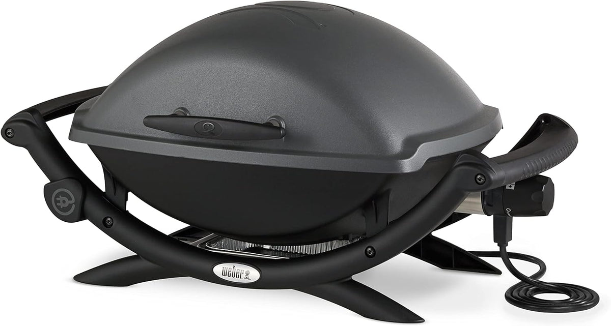 2026 Weber Q2400 Elekrogrill mit Seitentischen, 54 x 39cm Grillfäche, portable, 2-geteilter porzellanemaillierter Guss-Grillrost, Aluminiumguss Deckel & Gehäuse - Dark Grey (55020079)