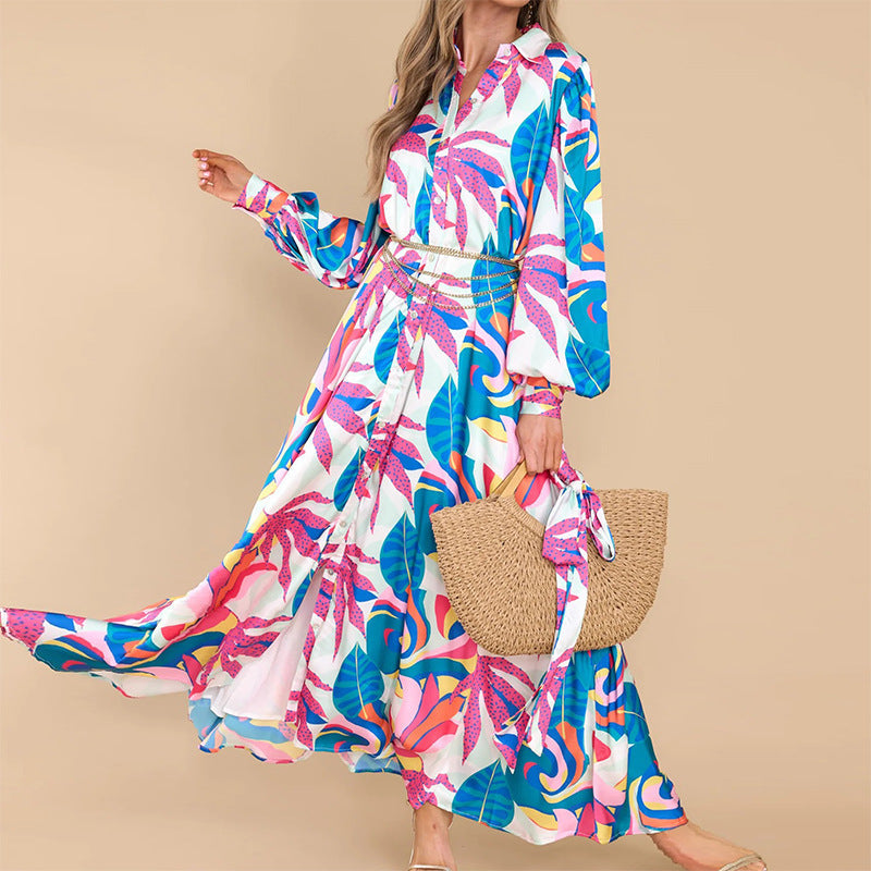 Bedrucktes Damen Maxikleid mit Blumenmuster und Polo-Kragen
