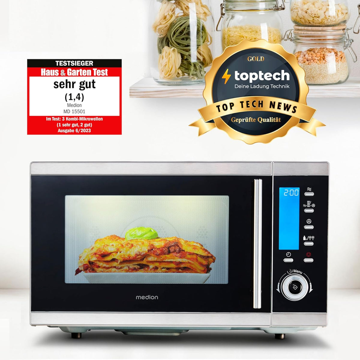 2026 MEDION MD 15501 4 in 1 Mikrowelle mit Grill (25 Liter, 900 Watt, 1100 Watt Grill, 2500 Watt Heißluft, 10 Automatik-Programme) silber
