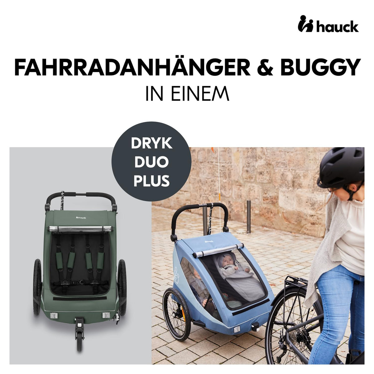 2026 hauck Fahrradanhänger & Kinderwagen Dryk Duo Plus mit Federung, für 2 Kinder (6-48 Monate), inkl. Deichsel, Buggyrad, Fahne und LED Licht, Faltbar, Höhenverstellbar, XL Kofferaum (Dark Green)