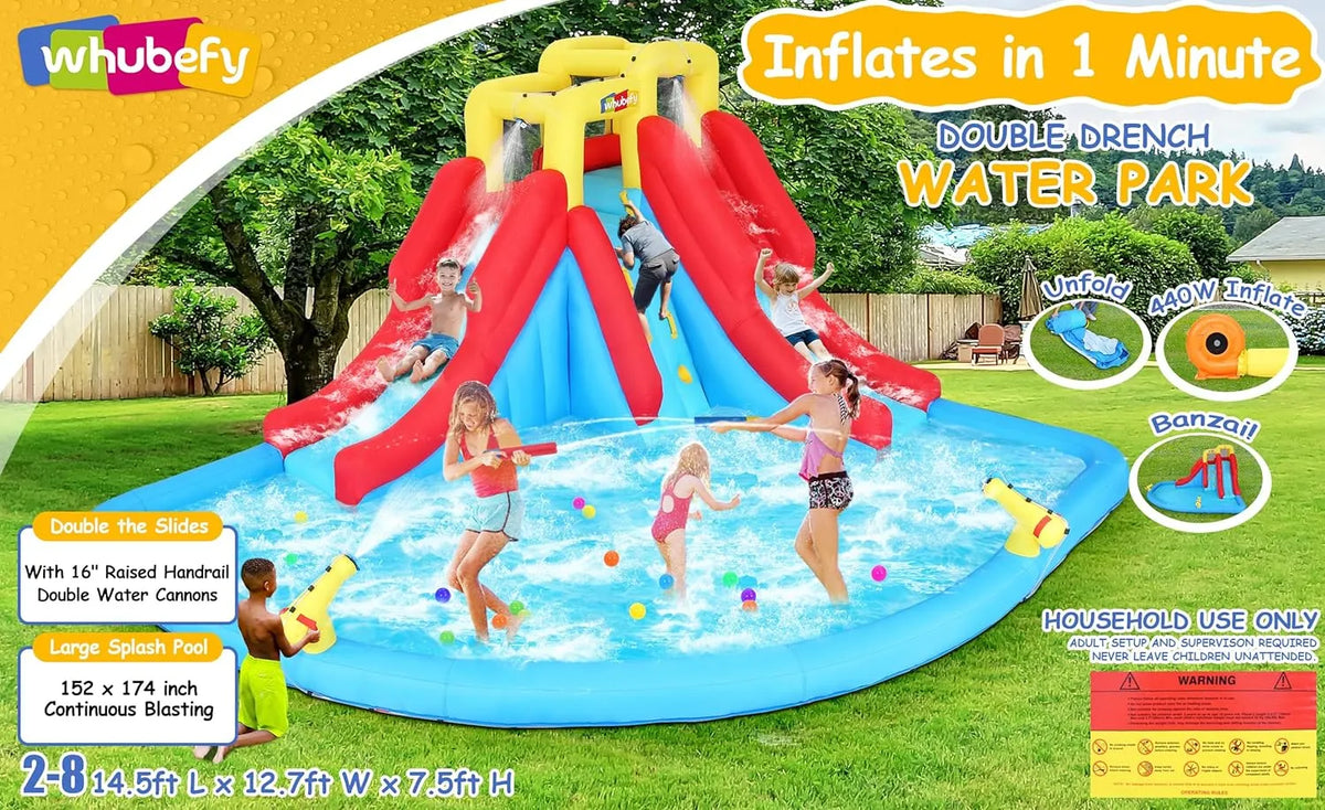 2026 Aufblasbare Wasserrutschen für Kinder, 8-in-1-Hüpfburg-Wasserpark mit 450-W-Gebläse, Kletterwand, Planschbecken, 2 Wasserkanonen, Basketballkorb, Wasserrutsche, Krokodilsprinkler als Geschenk für eine Gartenparty
