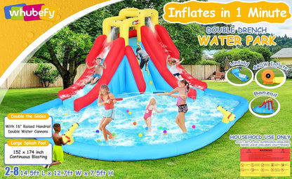 2026 Aufblasbare Wasserrutschen für Kinder, 8-in-1-Hüpfburg-Wasserpark mit 450-W-Gebläse, Kletterwand, Planschbecken, 2 Wasserkanonen, Basketballkorb, Wasserrutsche, Krokodilsprinkler als Geschenk für eine Gartenparty