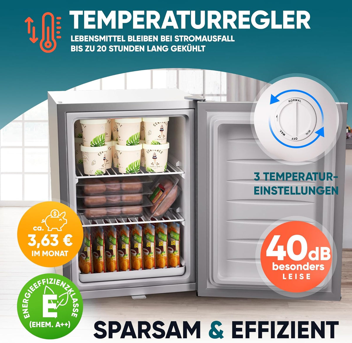 2026 Stillstern Mini Gefrierschrank (42L) -18°C, Eiswürfelschale, Schloss, Türanschlag wechselbar, 4-Sterne Tiefkühlschrank für Camping/Büro Gefriertruhe Klein Gefrierschrank Klein Tiefkühltruhe