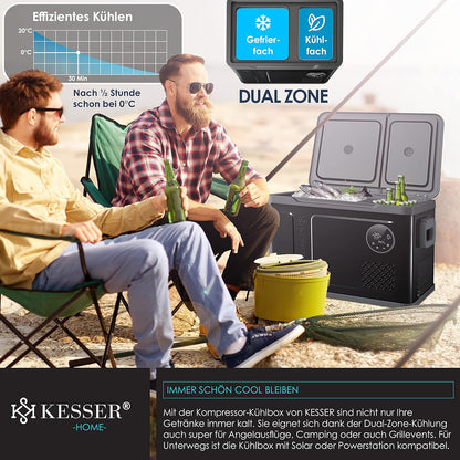 2026 KESSER Kompressor Kühlbox 2in1 Doppelzone Kühl & Gefrierfach elektrische Gefrierbox mit 2x Kühlakkus & LED-Touch-Bedienung | Kühlschrank Kühlung bis -20 °C für Camping, Auto, Lkw 12/24V 230V