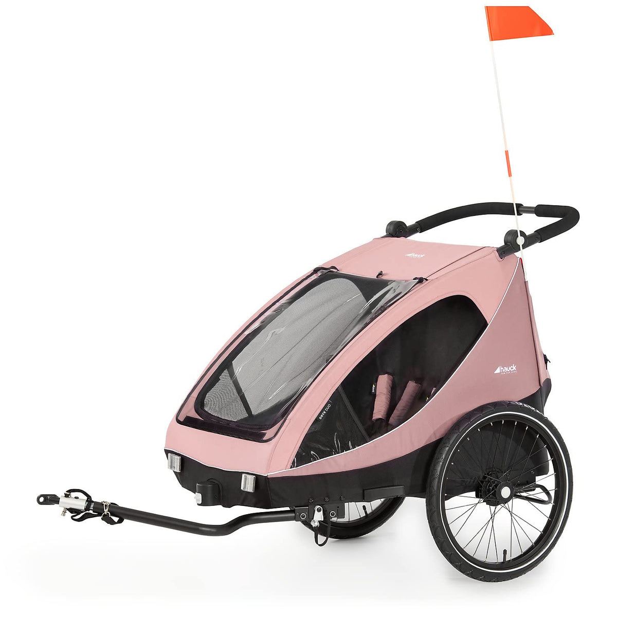 2026 hauck Fahrradanhänger & Kinderwagen Dryk Duo Plus mit Federung, für 2 Kinder (6-48 Monate), inkl. Deichsel, Buggyrad, Fahne und LED Licht, Faltbar, Höhenverstellbar, XL Kofferaum (Dark Green)