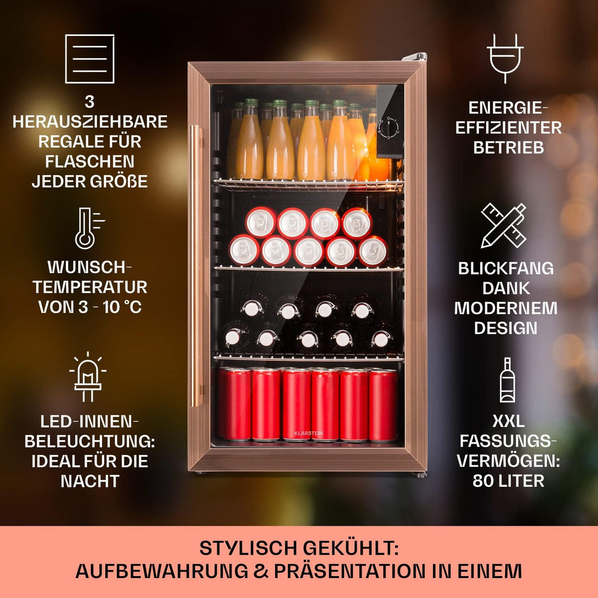 2026 Klarstein Mini Kühlschrank mit Glastür für Zimmer, Getrnkekühlschrank mit Verstellbaren Ablagen, Kleiner 80 Liter, Indoor/Outdoor Kühlschrank Leise