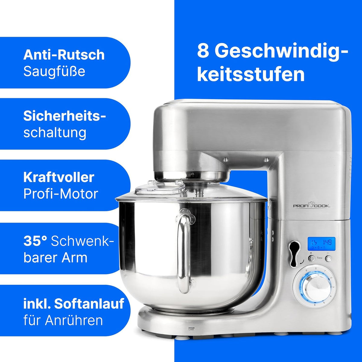 2026 ProfiCook® Küchenmaschine mit XXXL-Edelstahlschüssel | Rühgerät 10L mit 1500W Motor | Knetmaschine inkl. Haken & Schneebesen | Teigknetmaschine Spritzschutz mit Nachfüllöffnung | PC-KM 1096