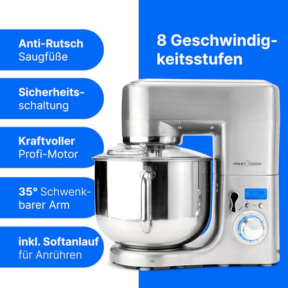 2026 ProfiCook® Küchenmaschine mit XXXL-Edelstahlschüssel | Rühgerät 10L mit 1500W Motor | Knetmaschine inkl. Haken & Schneebesen | Teigknetmaschine Spritzschutz mit Nachfüllöffnung | PC-KM 1096