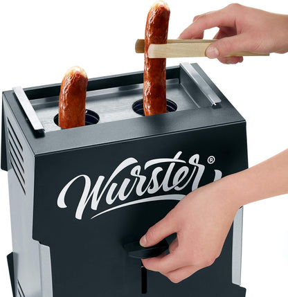 2026 SEVERIN WURSTER, perfekt gebräunte Würstchen auf Knopfdruck in nur 5 Minuten, ohne Zugabe von Fremdfett, inkl. Holzzange, Schwarz, Edelstahl/Kunststoff, WT 5005