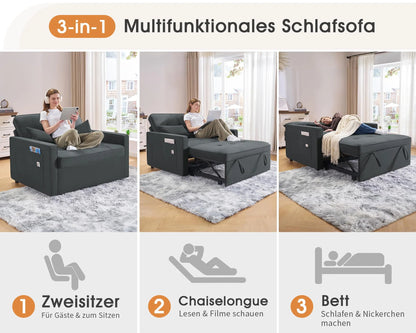 2026 3 in 1 Schlafsofa 186 x 122 cm, Grau, verstellbare Rückenlehne, 12 cm Komfortpolster, Massivholz Metallrahmen