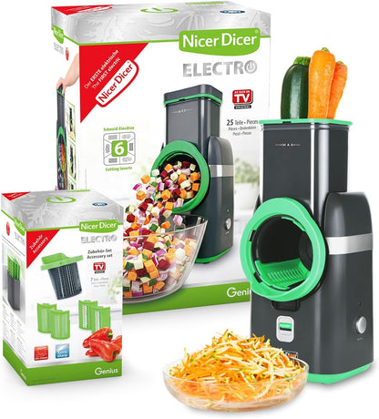 2026 Nicer Dicer Electro Gemüsehobel elektrisch Deluxe Set 32 tlg, Gemüseschneider automatisch, Käsereibe für Gemüse, Obst, Nüsse, 9 Extrascharfe Einsätze, Einfache Reinigung, Leistungsstark
