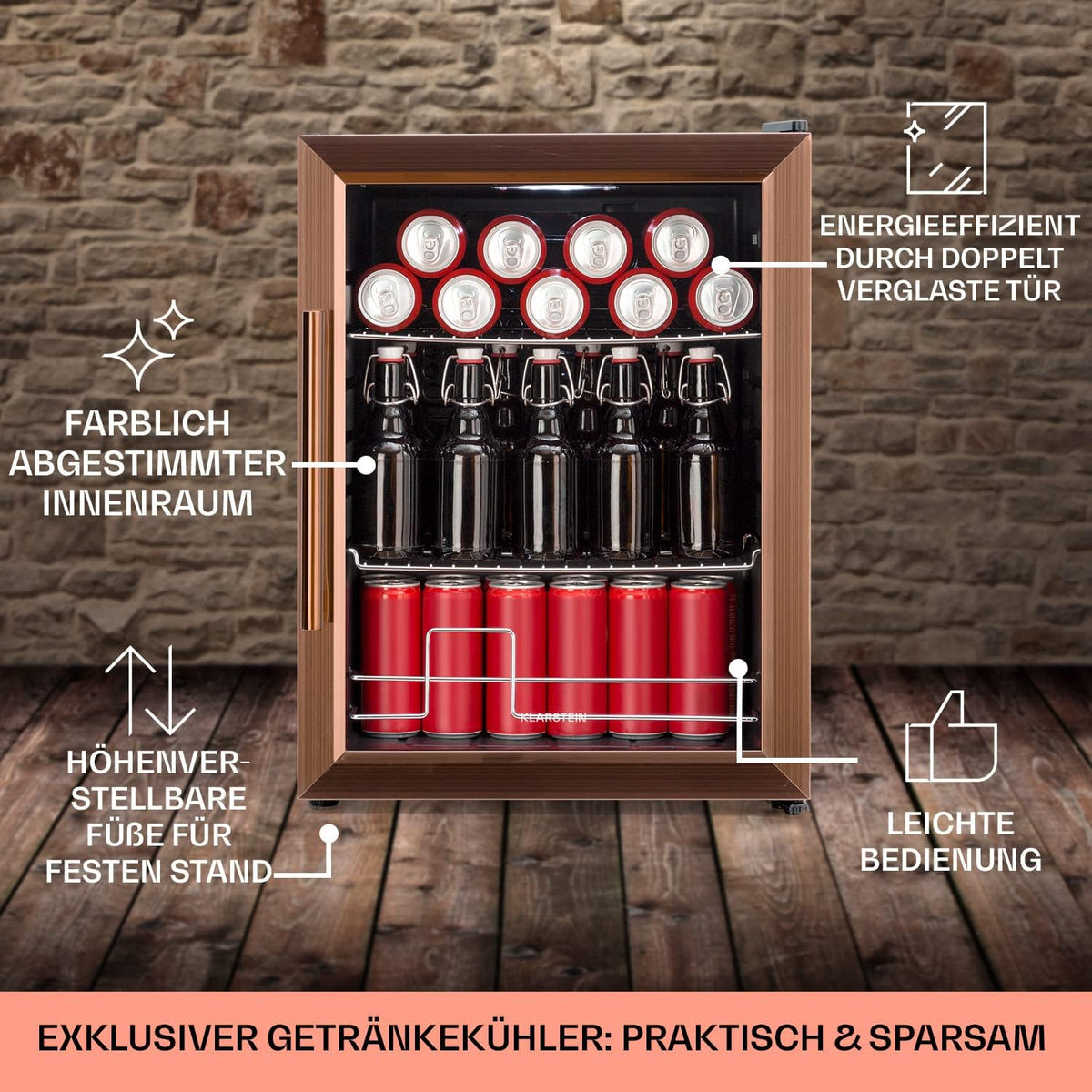 2026 Klarstein Mini Kühlschrank mit Glastür für Zimmer, Getrnkekühlschrank mit Verstellbaren Ablagen, Kleiner 80 Liter, Indoor/Outdoor Kühlschrank Leise