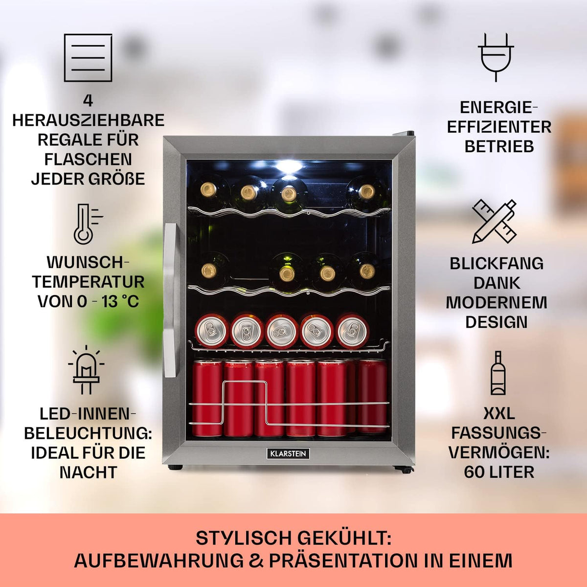 2026 Klarstein Mini Kühlschrank mit Glastür für Zimmer, Getrnkekühlschrank mit Verstellbaren Ablagen, Kleiner 80 Liter, Indoor/Outdoor Kühlschrank Leise