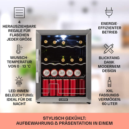 2026 Klarstein Mini Kühlschrank mit Glastür für Zimmer, Getrnkekühlschrank mit Verstellbaren Ablagen, Kleiner 80 Liter, Indoor/Outdoor Kühlschrank Leise