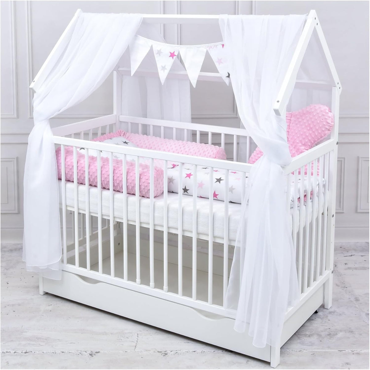 2026 Baby Delux Babybett Komplett Set Hausbett 60x120 cm weiß Schublade Rausfallschutz Kinderbett Matratze Bettwäsche Deko Set (Prince Stars)