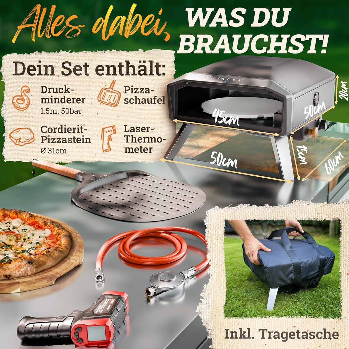 2026 LIKAYA NeroSpin Pizzaofen Gas – 6,2kW Outdoor Gas Pizzaofen 450°C - Gas Pizza Ofen Outdoor mit Pizzastein Drehteller, Pizzaschaufel, Tasche & Laser Thermometer – knusprige Pizza in nur 90 Sekunden!