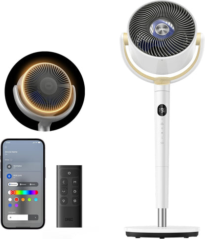 2026 Dreo Smart Standventilator mit RGB Light, 120° +120° Oszillierender Ventilator mit Fernbedienung, 20dB Leiser Bodenventilator für Schlafzimmer, 8H Timer, Silber