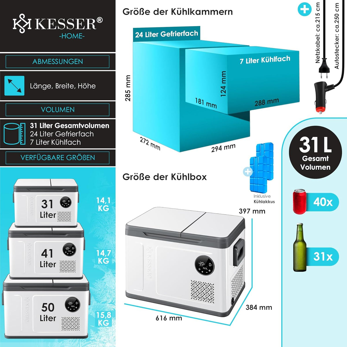 2026 KESSER Kompressor Kühlbox 2in1 Doppelzone Kühl & Gefrierfach elektrische Gefrierbox mit 2x Kühlakkus & LED-Touch-Bedienung | Kühlschrank Kühlung bis -20 °C für Camping, Auto, Lkw 12/24V 230V