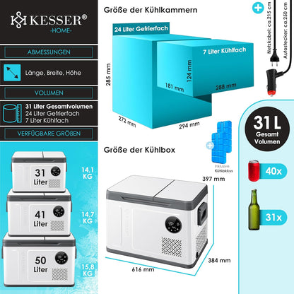 2026 KESSER Kompressor Kühlbox 2in1 Doppelzone Kühl & Gefrierfach elektrische Gefrierbox mit 2x Kühlakkus & LED-Touch-Bedienung | Kühlschrank Kühlung bis -20 °C für Camping, Auto, Lkw 12/24V 230V