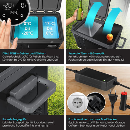 2026 KESSER Kompressor Kühlbox 2in1 Doppelzone Kühl & Gefrierfach elektrische Gefrierbox mit 2x Kühlakkus & LED-Touch-Bedienung | Kühlschrank Kühlung bis -20 °C für Camping, Auto, Lkw 12/24V 230V