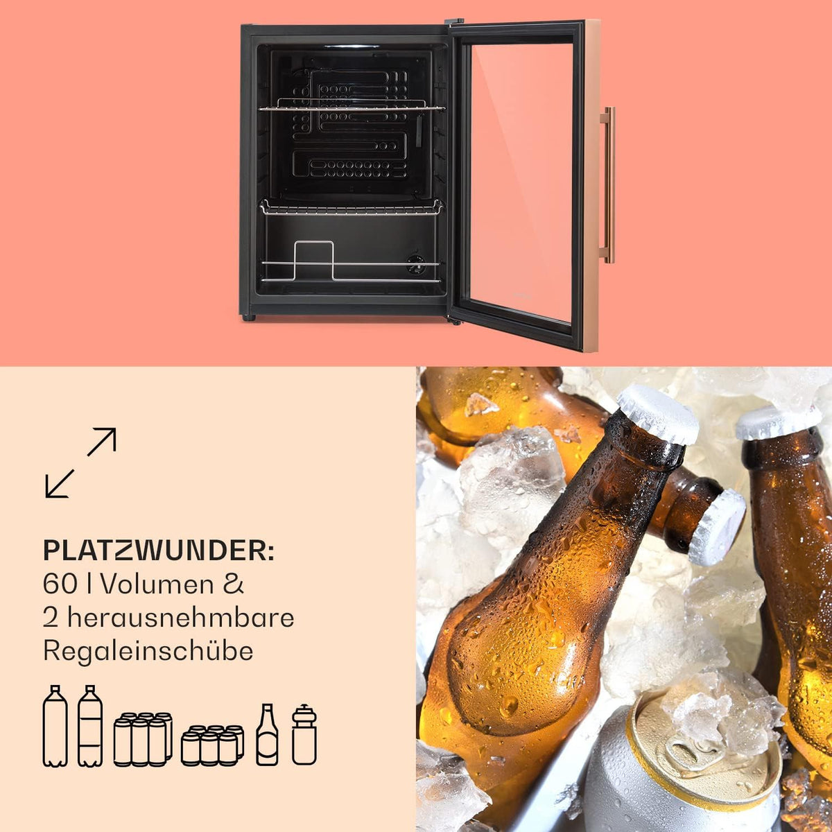 2026 Klarstein Mini Kühlschrank mit Glastür für Zimmer, Getrnkekühlschrank mit Verstellbaren Ablagen, Kleiner 80 Liter, Indoor/Outdoor Kühlschrank Leise