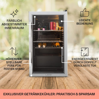 2026 Klarstein Mini Kühlschrank mit Glastür für Zimmer, Getrnkekühlschrank mit Verstellbaren Ablagen, Kleiner 80 Liter, Indoor/Outdoor Kühlschrank Leise