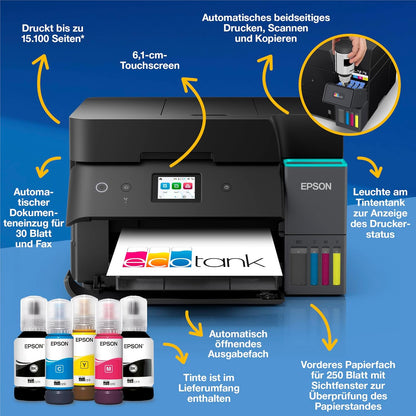 2026 EcoTank ET-4950 Tintentankdrucker | fürs Das Home Office | WLAN & Ethernet | A4 | (Duplex-) Druck, Scannen, Kopieren, Faxen | 6.1 cm Touchscreen | ADF | inkl. Tinte für bis zu 3 Jahre