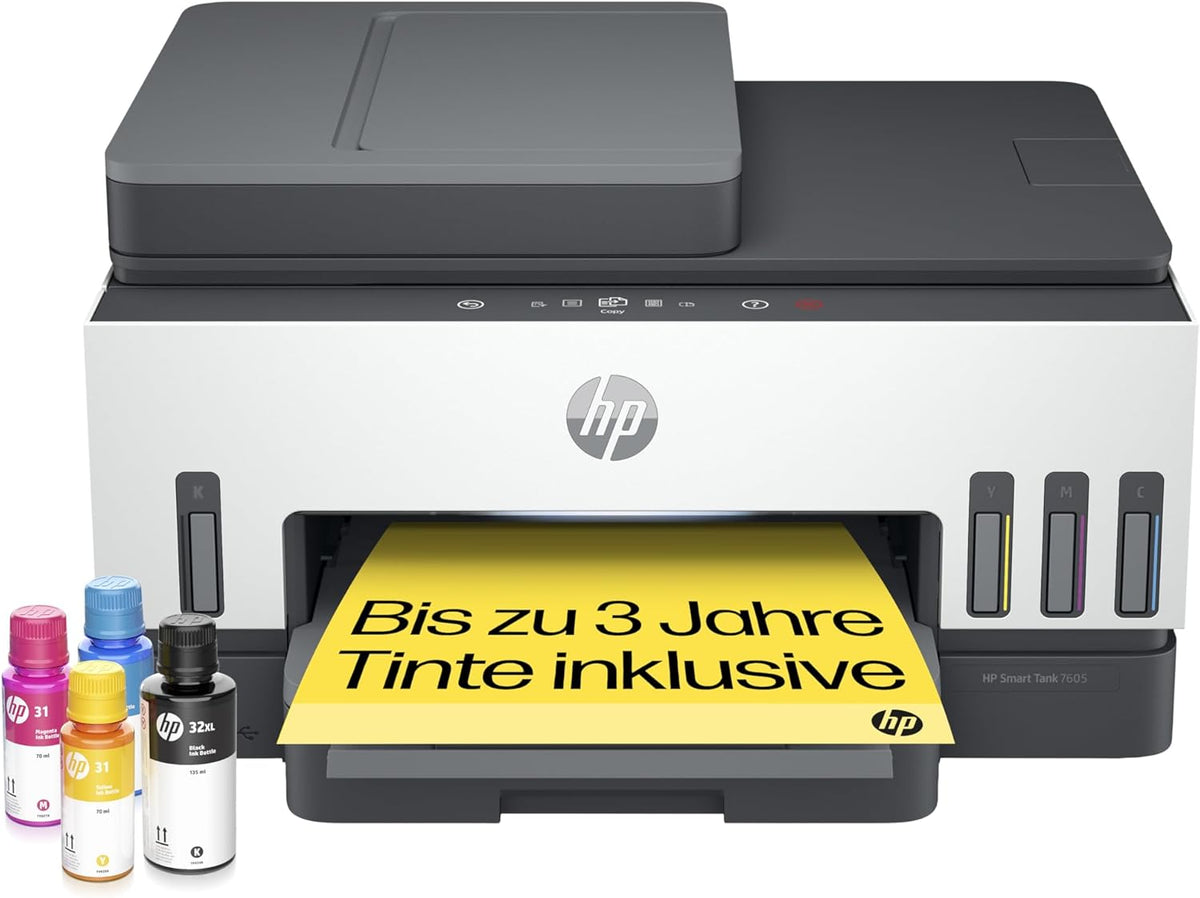 2026 HP Smart Tank 7605 4-in-1 Multifunktionsdrucker (WLAN; Duplex; ADF) – 3 Jahre Tinte inklusive, 3 Jahre Garantie, großer Tintentank, hohe Reichweite, Drucken in hoher Qualität