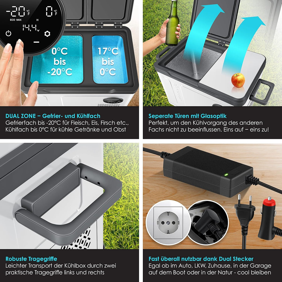 2026 KESSER Kompressor Kühlbox 2in1 Doppelzone Kühl & Gefrierfach elektrische Gefrierbox mit 2x Kühlakkus & LED-Touch-Bedienung | Kühlschrank Kühlung bis -20 °C für Camping, Auto, Lkw 12/24V 230V