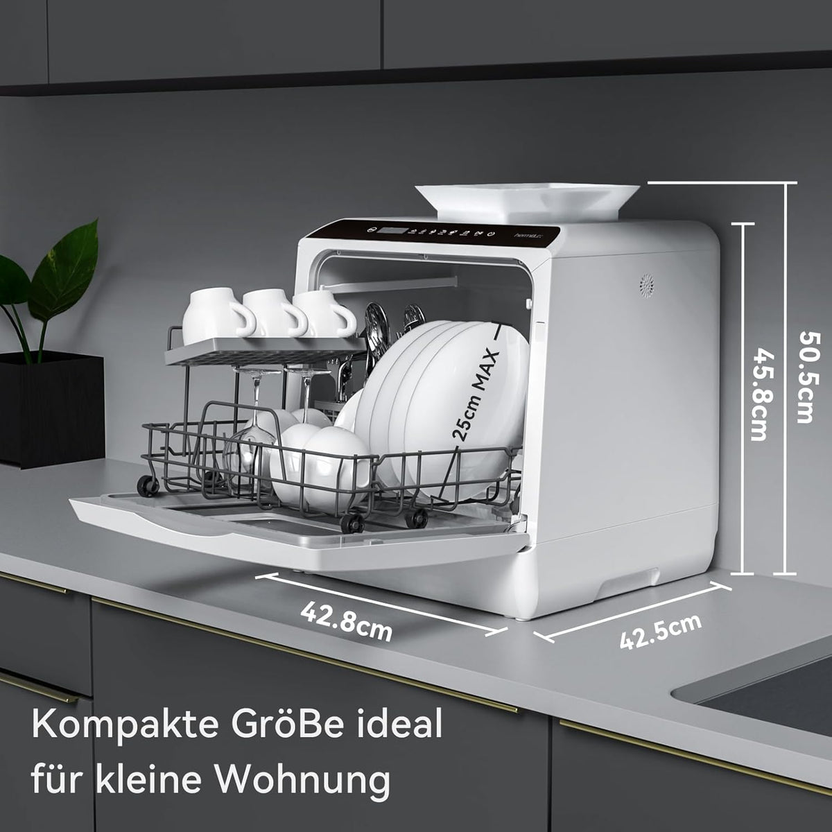 2026 Hermitlux Mini Geschirrspüler, Spülmaschine für 4 Bestecksätze, 5 Liter Wassertank, 6 Programme Mini Tischgeschirrspüler, Perfekt für Wohnungen, Schlafsäle, Camping, Weiß