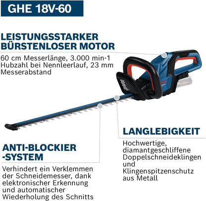 2026 Bosch Professional 18V System Akku-Heckenschere GHE 18V-60 (bürstenloser Motor, Schnittkapazität von 20 mm)